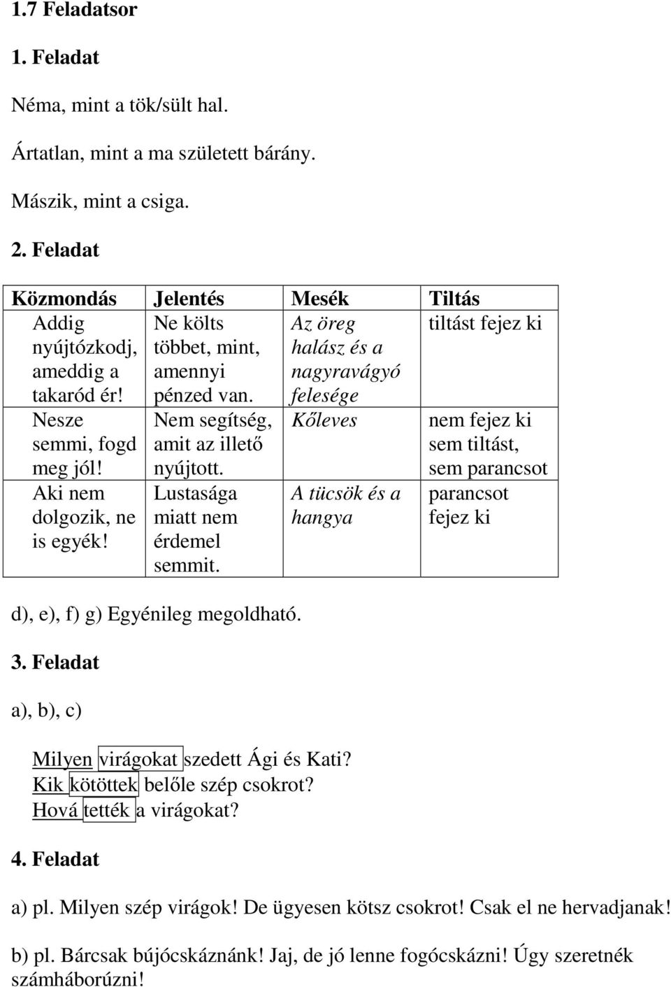 Lustasága miatt nem érdemel semmit. d), e), f) g) Egyénileg megoldható. 3. Feladat a), b), c) Kőleves A tücsök és a hangya Milyen virágokat szedett Ági és Kati? Kik kötöttek belőle szép csokrot?