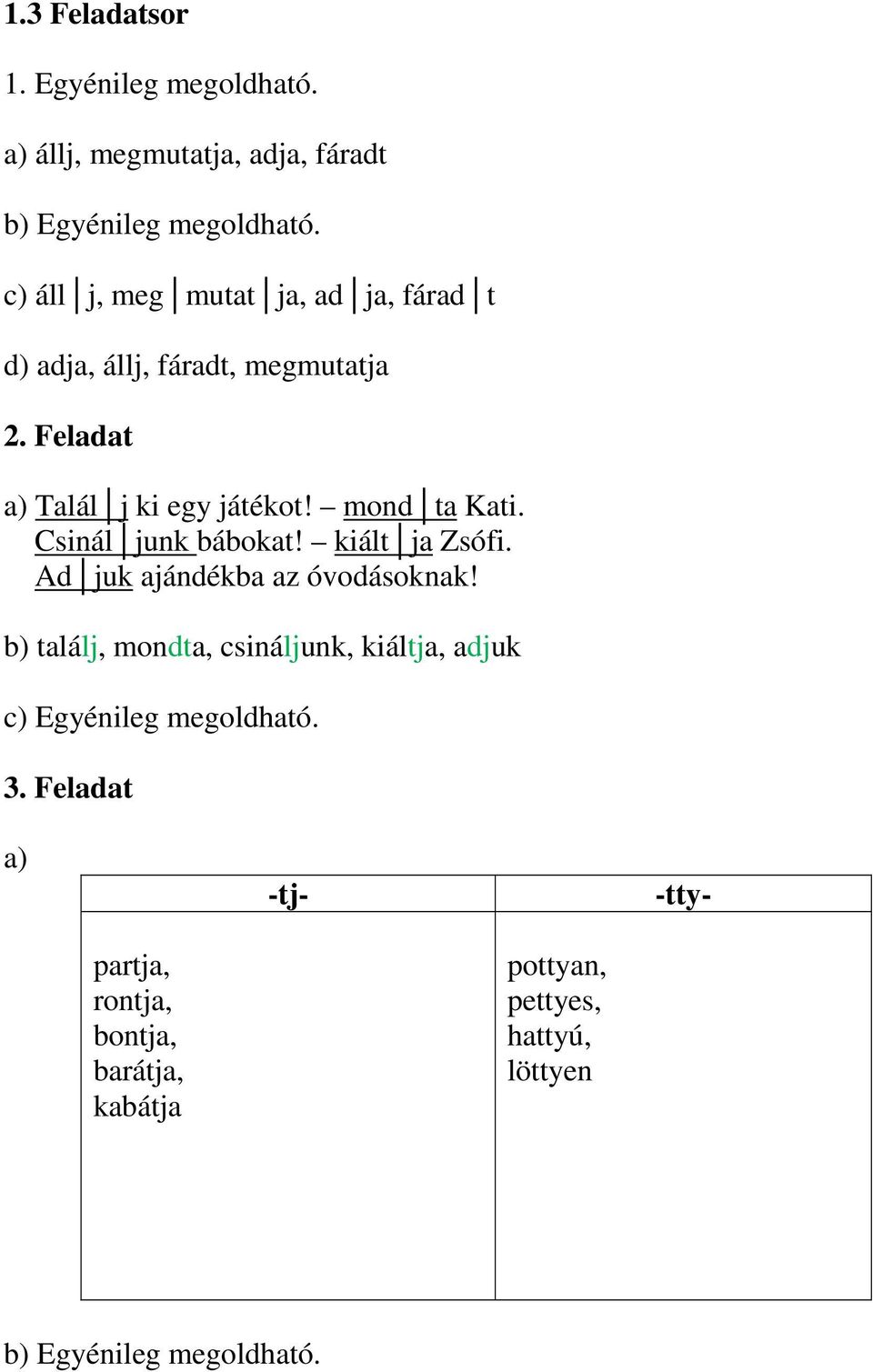 Feladat a) Talál j ki egy játékot! mond ta Kati. Csinál junk bábokat! kiált ja Zsófi.