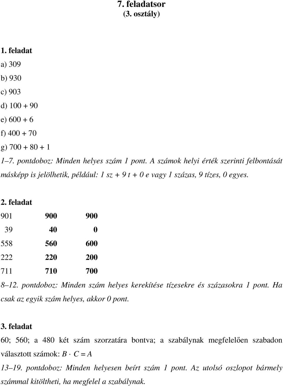feladat 901 900 900 39 40 0 558 560 600 222 220 200 711 710 700 8 12. pontdoboz: Minden szám helyes kerekítése tízesekre és százasokra 1 pont.