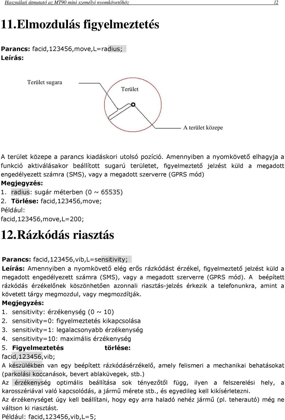 Amennyiben a nyomkövető elhagyja a funkció aktiválásakor beállított sugarú területet, figyelmeztető jelzést küld a megadott engedélyezett számra (SMS), vagy a megadott szerverre (GPRS mód) 1.