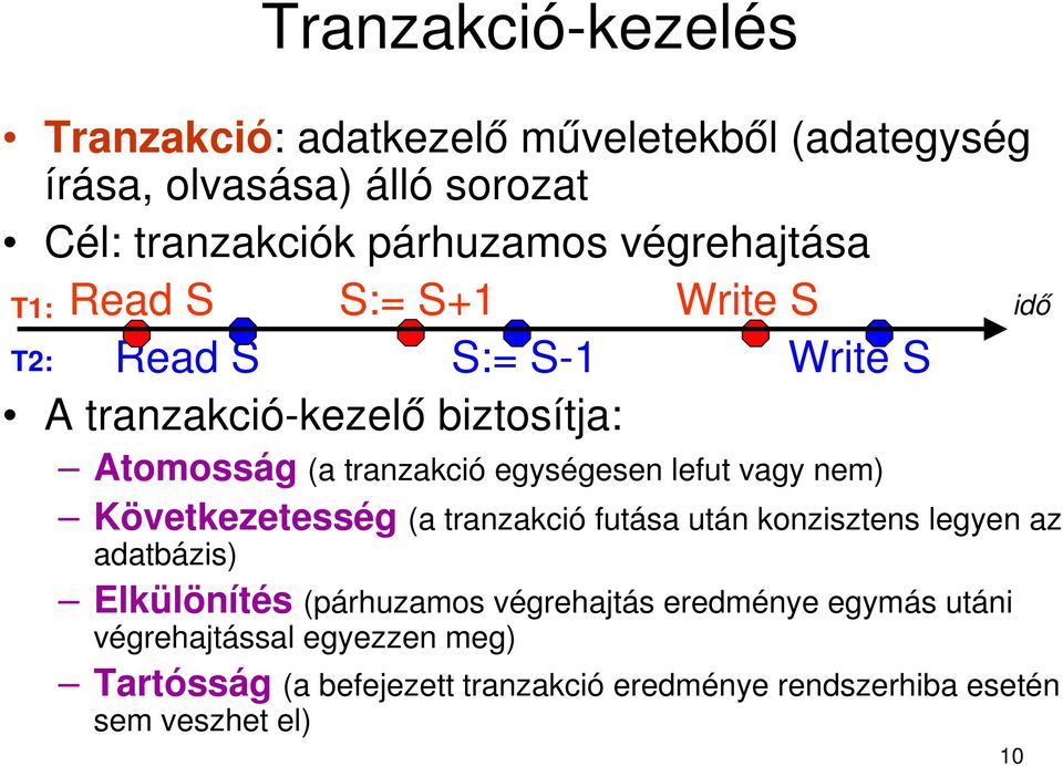 egységesen lefut vagy nem) Következetesség (a tranzakció futása után konzisztens legyen az adatbázis) Elkülönítés (párhuzamos