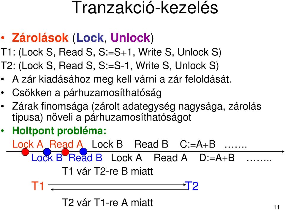 Csökken a párhuzamosíthatóság Zárak finomsága (zárolt adategység nagysága, zárolás típusa) növeli a