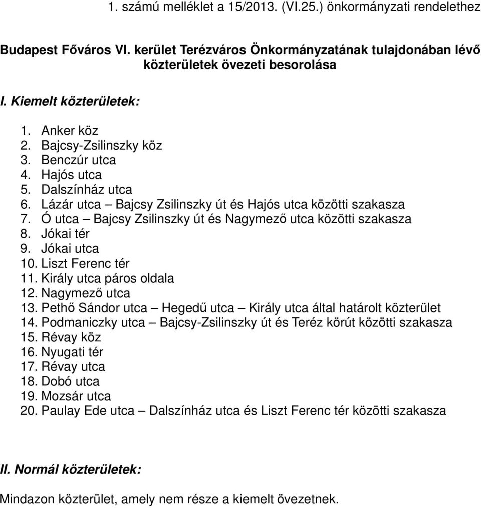 Ó utca Bajcsy Zsilinszky út és Nagymező utca közötti szakasza 8. Jókai tér 9. Jókai utca 10. Liszt Ferenc tér 11. Király utca páros oldala 12. Nagymező utca 13.