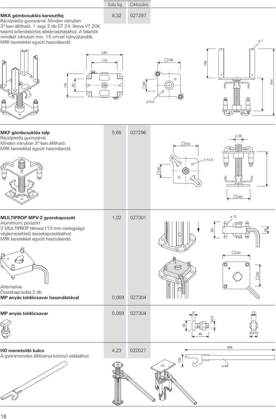 ø 7 240 170 150 ø12,5 150 ø 38 ø 12,5 80 140 80 80 MKF gömbcsuklós talp 5,68 027296 Rácsíptetős gyorszárral. Minden irányban 3 -ban állítható. MRK keretekkel együtt használandó.
