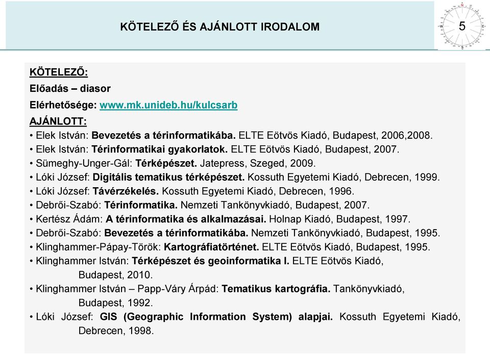 Kossuth Egyetemi Kiadó, Debrecen, 1999. Lóki József: Távérzékelés. Kossuth Egyetemi Kiadó, Debrecen, 1996. Debrői-Szabó: Térinformatika. Nemzeti Tankönyvkiadó, Budapest, 2007.