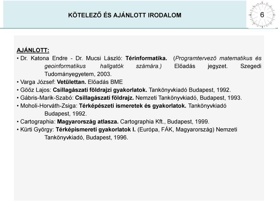 Gábris-Marik-Szabó: Csillagászati földrajz. Nemzeti Tankönyvkiadó, Budapest, 1993. Moholi-Horváth-Zsiga: Térképészeti ismeretek és gyakorlatok.