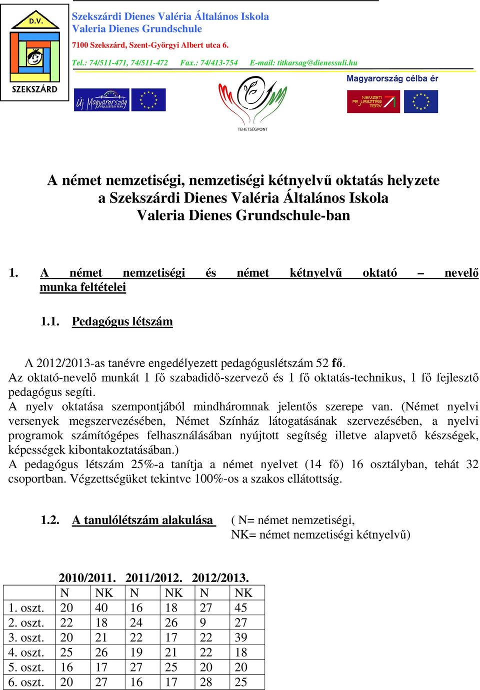 A német nemzetiségi és német kétnyelvő oktató nevelı munka feltételei 1.1. Pedagógus létszám A 2012/2013-as tanévre engedélyezett pedagóguslétszám 52 fı.