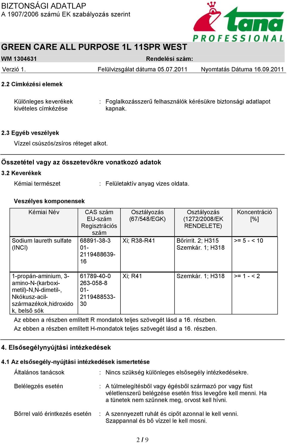 Veszélyes komponensek Kémiai Név Sodium laureth sulfate (INCI) CAS szám EU-szám Regisztrációs szám 68891-38-3 01-2119488639- 16 Osztályozás (67/548/EGK) Xi; R38-R41 Osztályozás (1272/2008/EK