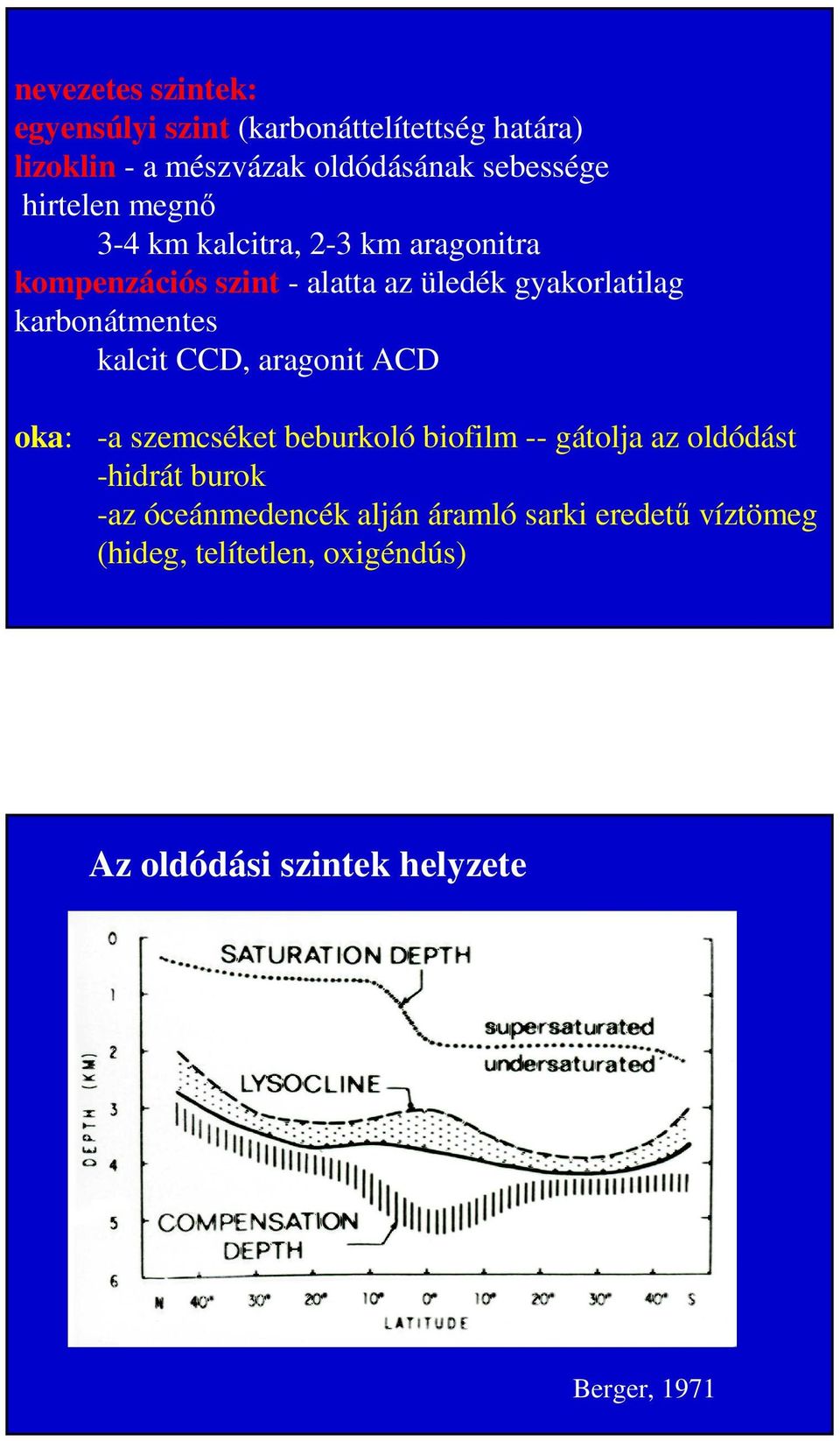 karbonátmentes kalcit CCD, aragonit ACD oka: -a szemcséket beburkoló biofilm -- gátolja az oldódást -hidrát