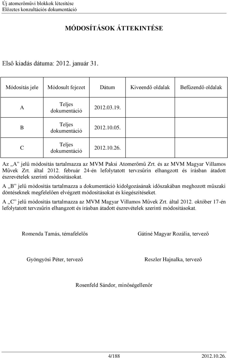 Az A jelű módosítás tartalmazza az MVM Paksi Atomerőmű Zrt. és az MVM Magyar Villamos Művek Zrt. által 2012.