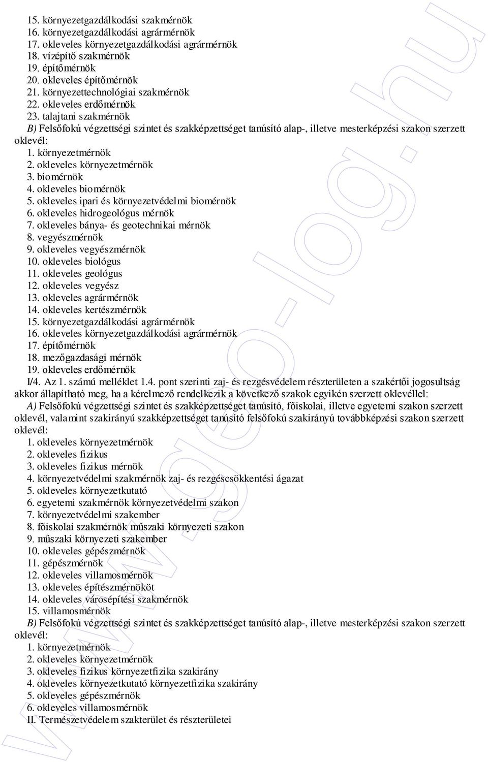 okleveles ipari és környezetvédelmi biomérnök 6. okleveles hidrogeológus mérnök 7. okleveles bánya- és geotechnikai mérnök 8. vegyészmérnök 9. okleveles vegyészmérnök 10. okleveles biológus 11.