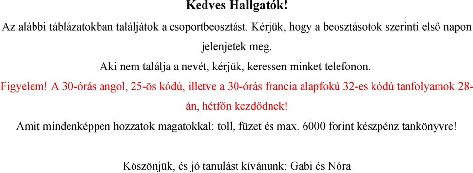 Aki nem találja a nevét, kérjük, keressen minket telefonon. Figyelem!