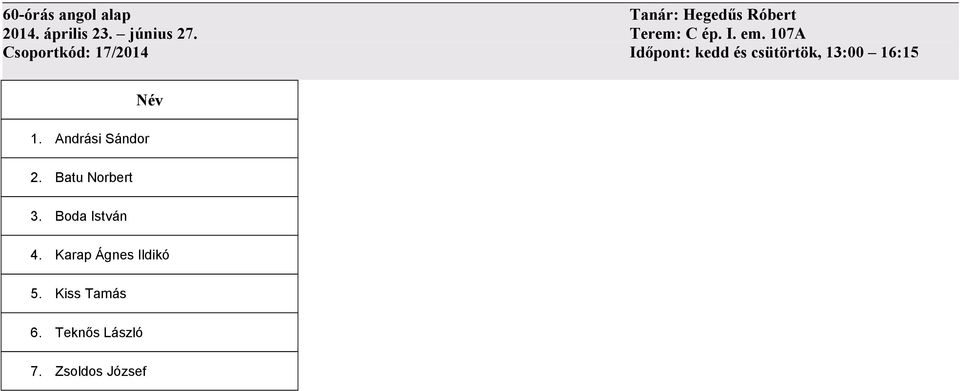 107A Csoportkód: 17/2014 Időpont: kedd és csütörtök, 13:00 16:15 1.