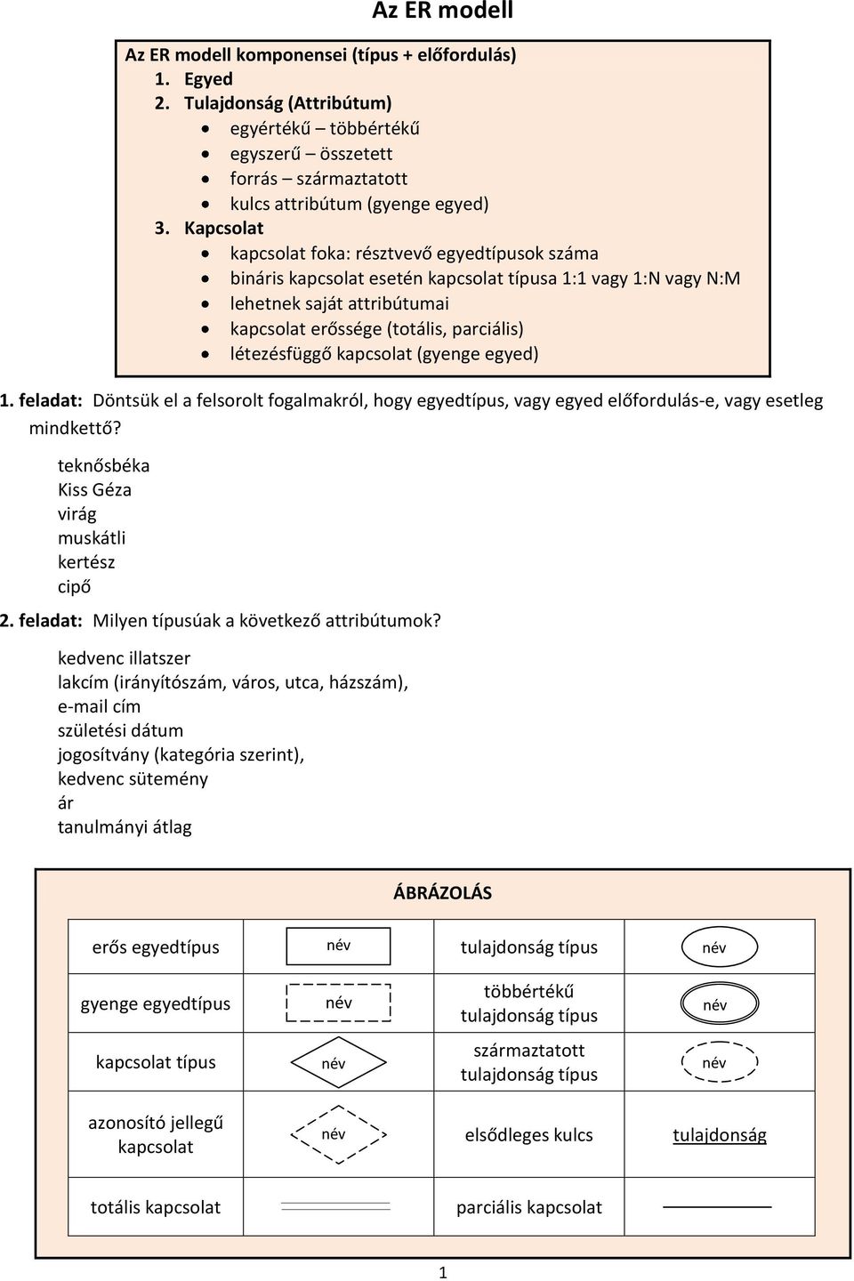 kapcsolat (gyenge egyed) 1. feladat: Döntsük el a felsorolt fogalmakról, hogy egyedtípus, vagy egyed előfordulás-e, vagy esetleg mindkettő? teknősbéka Kiss Géza virág muskátli kertész cipő 2.