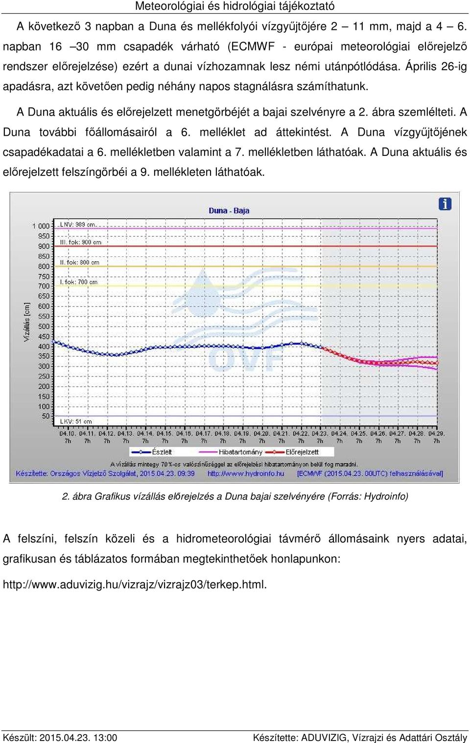 Április 26-ig apadásra, azt követően pedig néhány napos stagnálásra számíthatunk. A Duna aktuális és előrejelzett menetgörbéjét a bajai szelvényre a 2. ábra szemlélteti.