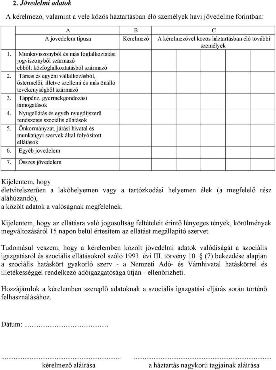 Társas és egyéni vállalkozásból, őstermelői, illetve szellemi és más önálló tevékenységből származó 3. Táppénz, gyermekgondozási támogatások 4.
