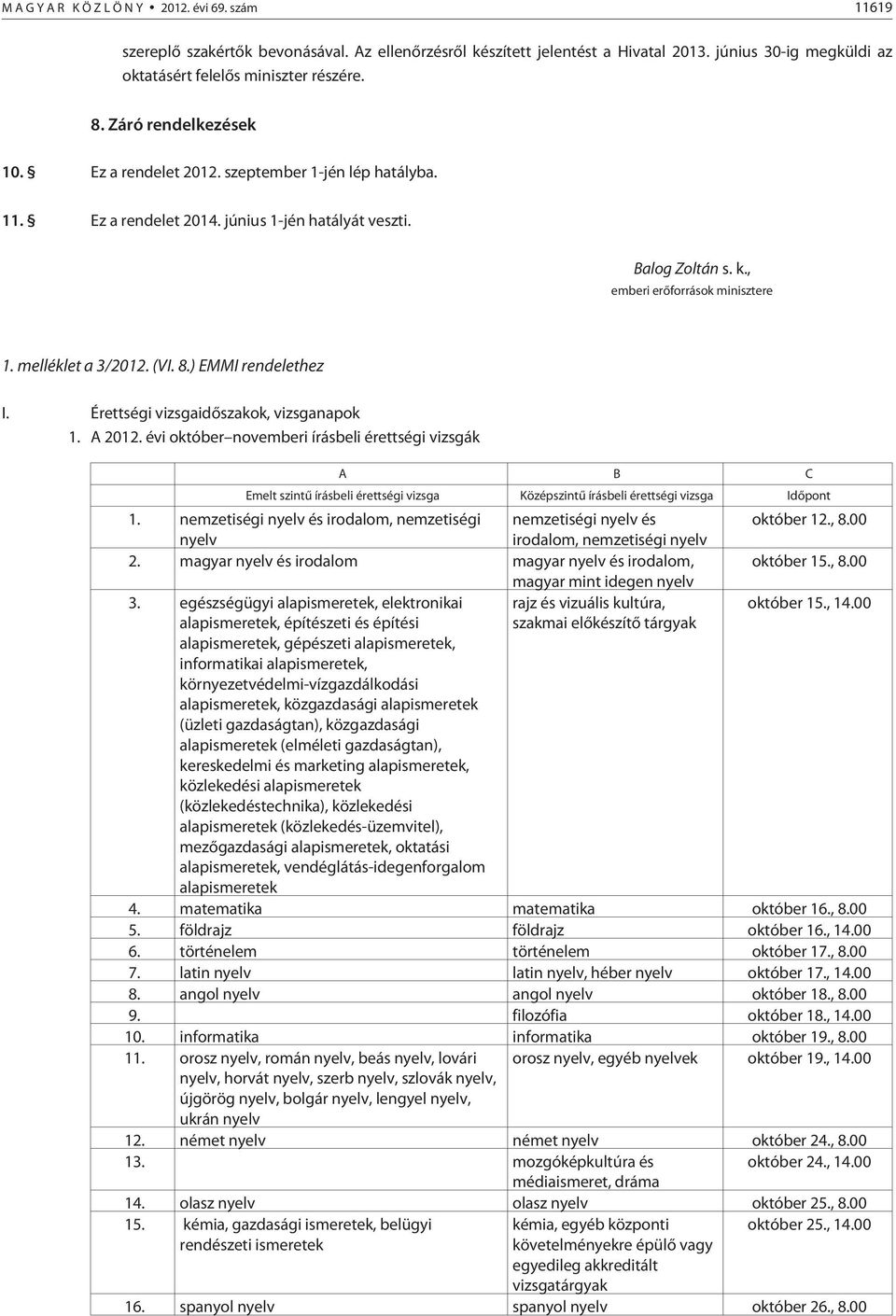 melléklet a 3/2012. (VI. 8.) EMMI rendelethez I. Érettségi vizsgaidõszakok, vizsganapok 1. A 2012.