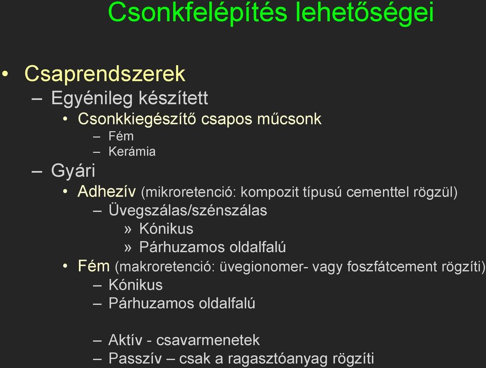 Üvegszálas/szénszálas» Kónikus» Párhuzamos oldalfalú Fém (makroretenció: üvegionomer- vagy