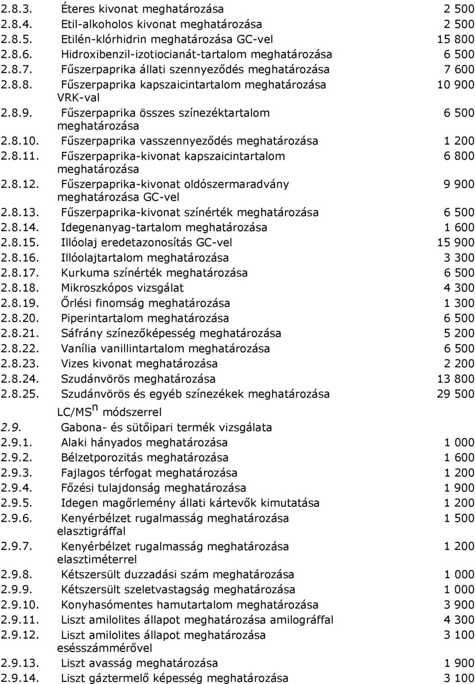 Fűszerpaprika-kivonat oldószermaradvány 9 900 GC-vel 2813 Fűszerpaprika-kivonat színérték 6 500 2814 Idegenanyag-tartalom 1 600 2815 Illóolaj eredetazonosítás GC-vel 15 900 2816 Illóolajtartalom 3