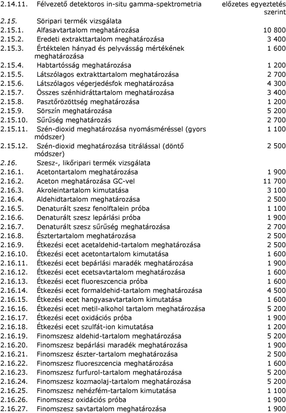 Sörszín 5 200 21510 Sűrűség meghatározás 2 700 21511 Szén-dioxid nyomásméréssel (gyors 1 100 módszer) 21512 Szén-dioxid titrálással (döntő 2 500 módszer) 216 Szesz-, likőripari termék vizsgálata 2161