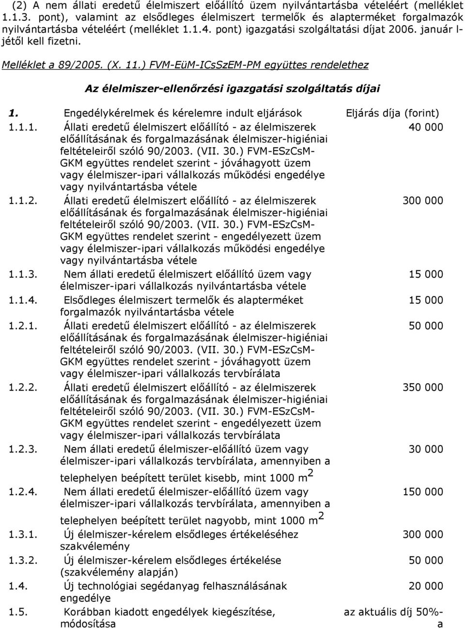 szolgáltatás díjai 1 Engedélykérelmek és kérelemre indult eljárások Eljárás díja (forint) 111 Állati eredetű élelmiszert előállító - az élelmiszerek 40 000 előállításának és forgalmazásának