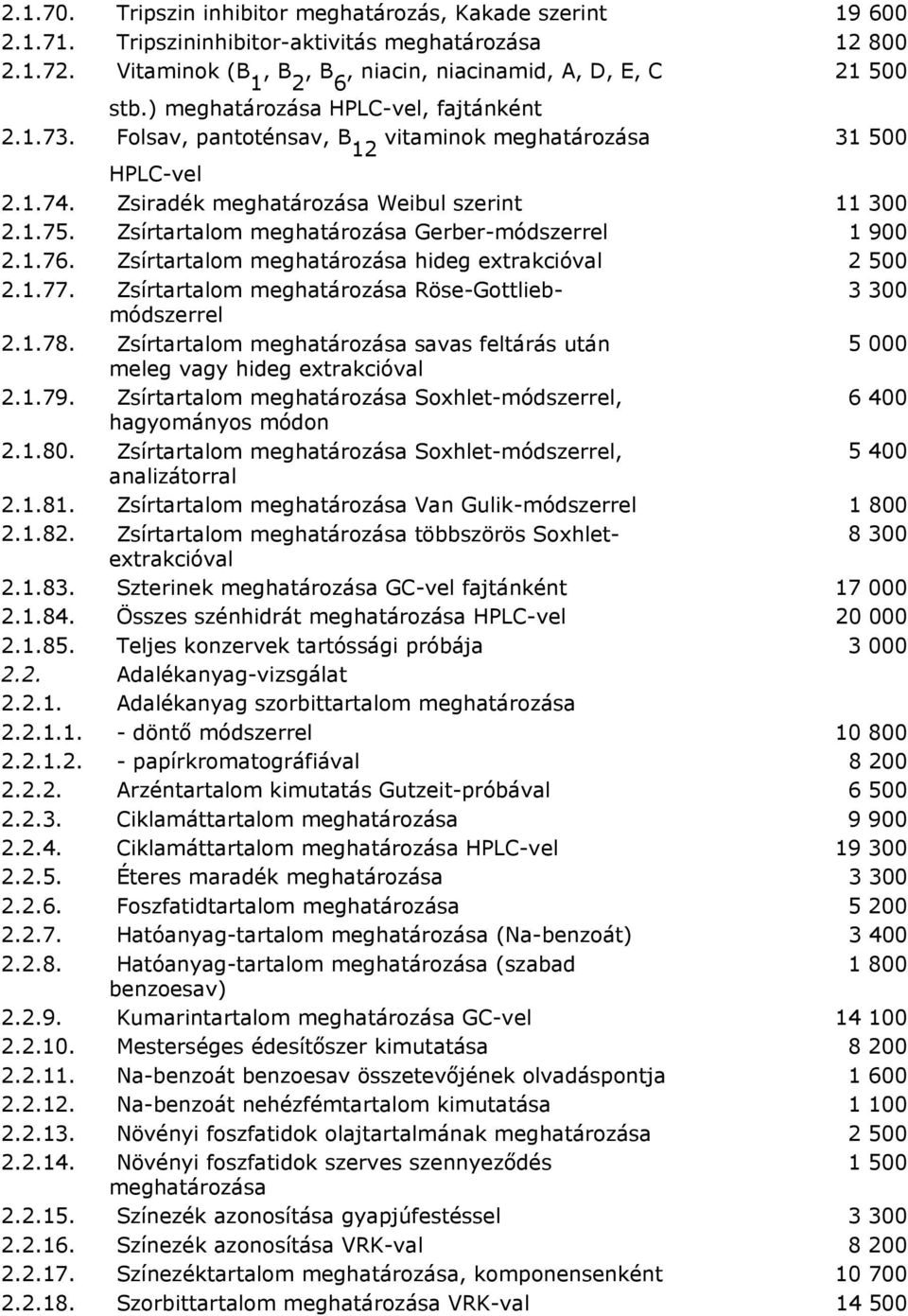 300 2178 Zsírtartalom savas feltárás után 5 000 meleg vagy hideg extrakcióval 2179 Zsírtartalom Soxhlet-, 6 400 hagyományos módon 2180 Zsírtartalom Soxhlet-, 5 400 analizátorral 2181 Zsírtartalom Van