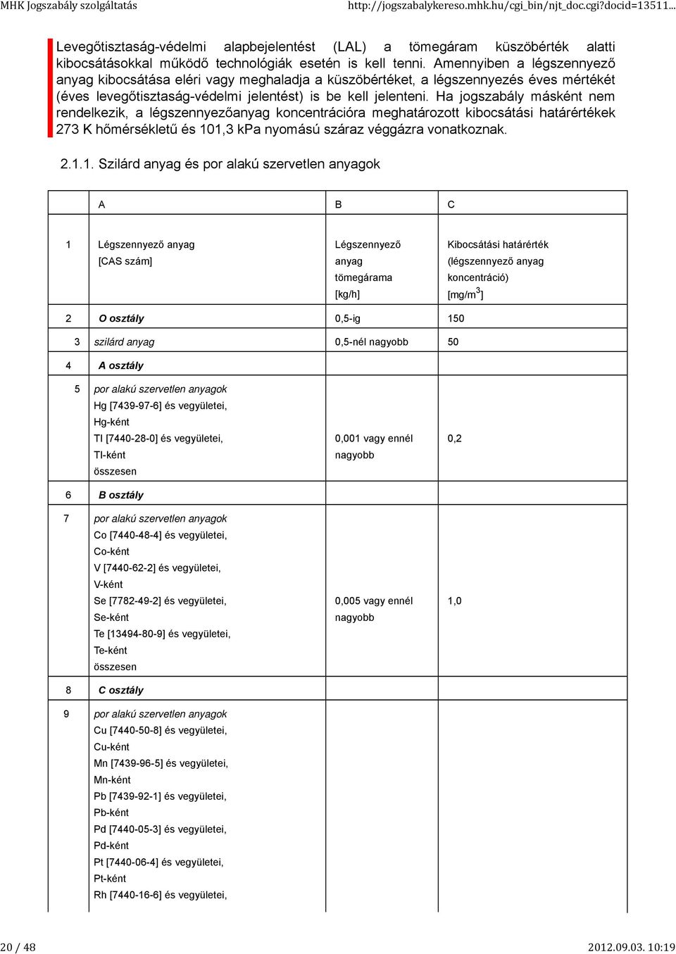 Ha jogszabály másként nem rendelkezik, a légszennyezőanyag koncentrációra meghatározott kibocsátási határértékek 73 K hőmérsékletű és 10
