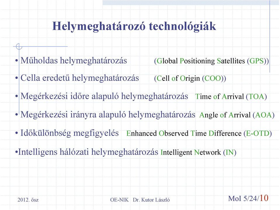 Megérkezési irányra alapuló helymeghatározás Angle of Arrival (AOA) Időkülönbség megfigyelés Enhanced