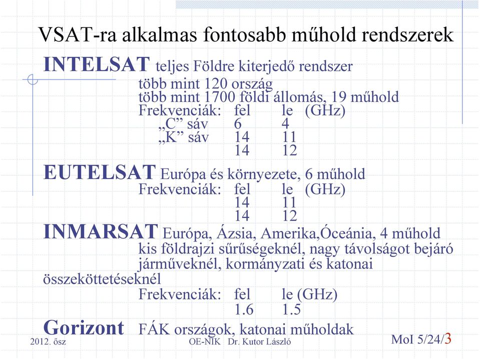 le (GHz) 14 11 14 12 INMARSAT Európa, Ázsia, Amerika,Óceánia, 4 műhold kis földrajzi sűrűségeknél, nagy távolságot bejáró