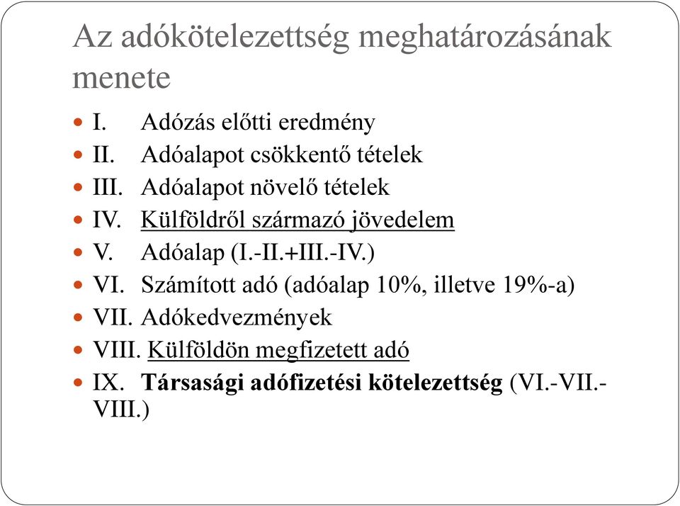 Külföldről származó jövedelem V. Adóalap (I.-II.+III.-IV.) VI.