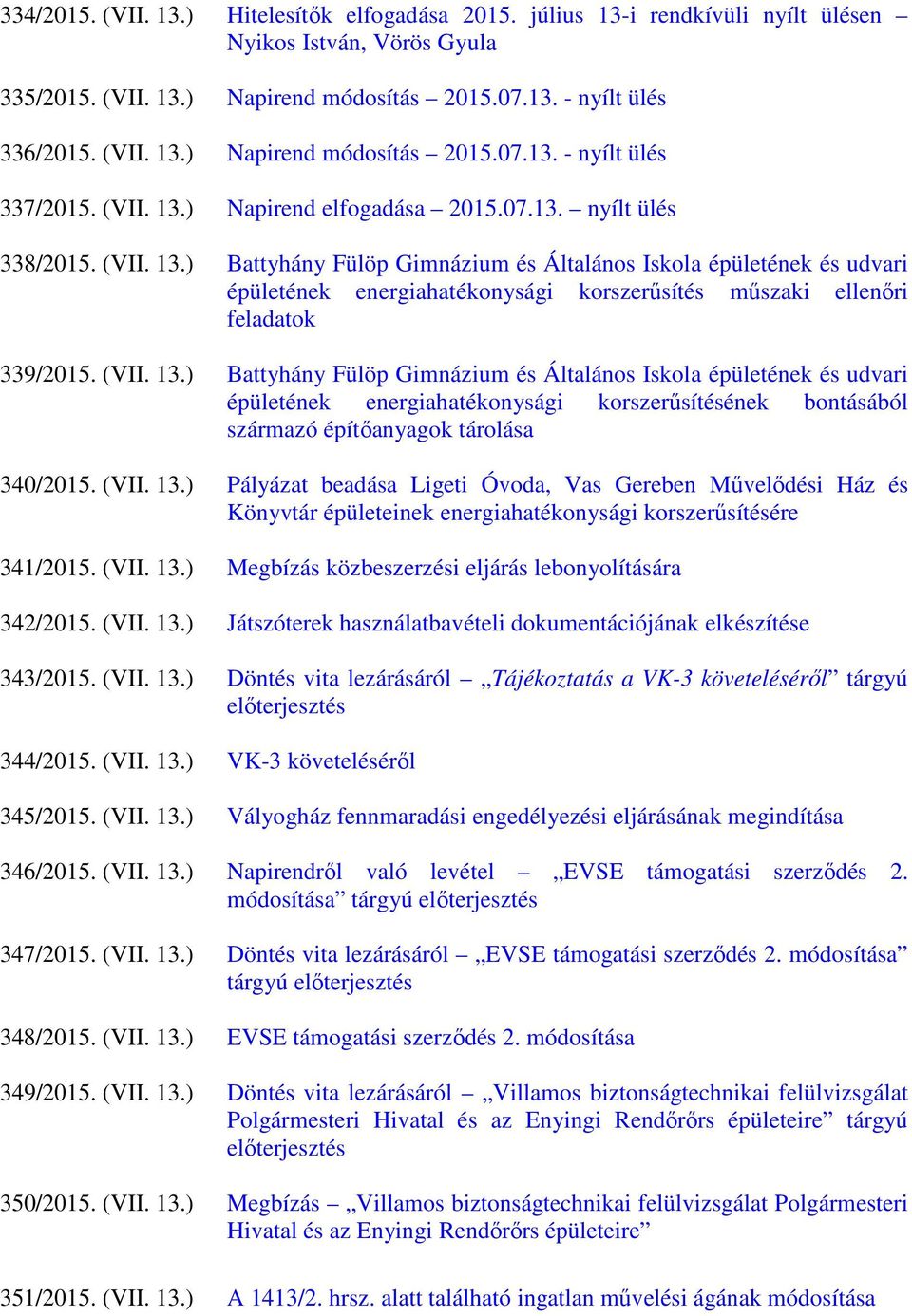(VII. 13.) Battyhány Fülöp Gimnázium és Általános Iskola épületének és udvari épületének energiahatékonysági korszerűsítésének bontásából származó építőanyagok tárolása 340/2015. (VII. 13.) Pályázat beadása Ligeti Óvoda, Vas Gereben Művelődési Ház és Könyvtár épületeinek energiahatékonysági korszerűsítésére 341/2015.