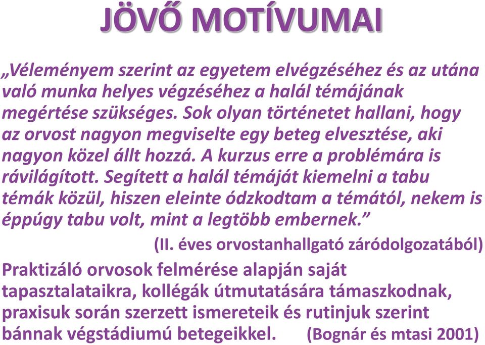 Segített a halál témáját kiemelni a tabu témák közül, hiszen eleinte ódzkodtam a témától, nekem is éppúgy tabu volt, mint a legtöbb embernek. (II.