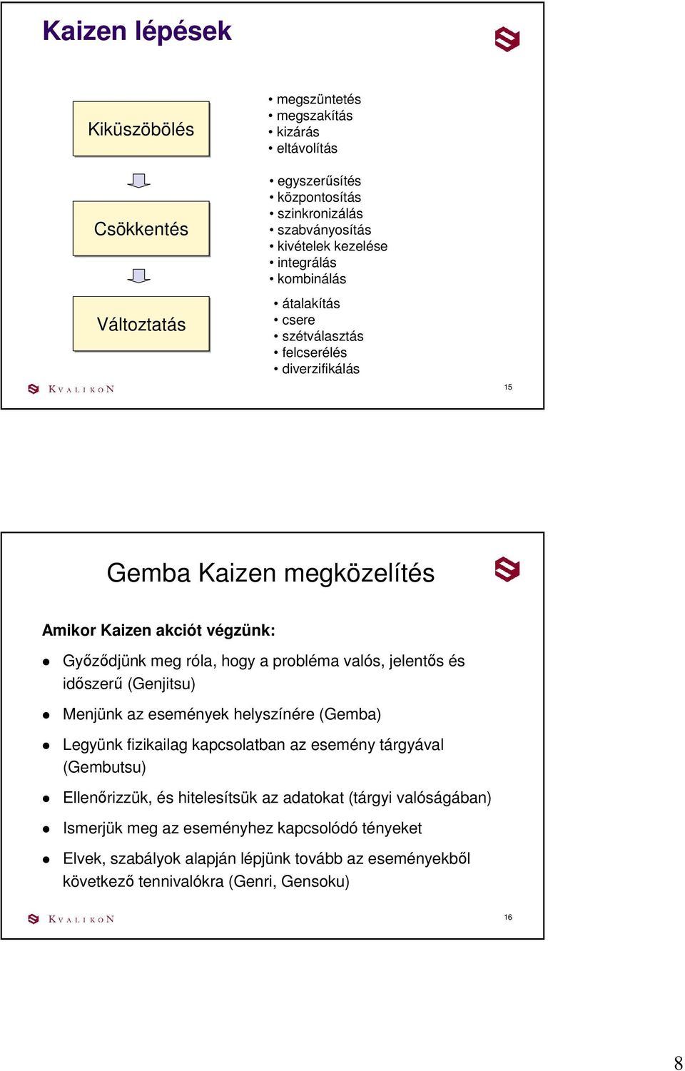 valós, jelentıs és idıszerő (Genjitsu) Menjünk az események helyszínére (Gemba) Legyünk fizikailag kapcsolatban az esemény tárgyával (Gembutsu) Ellenırizzük, és hitelesítsük