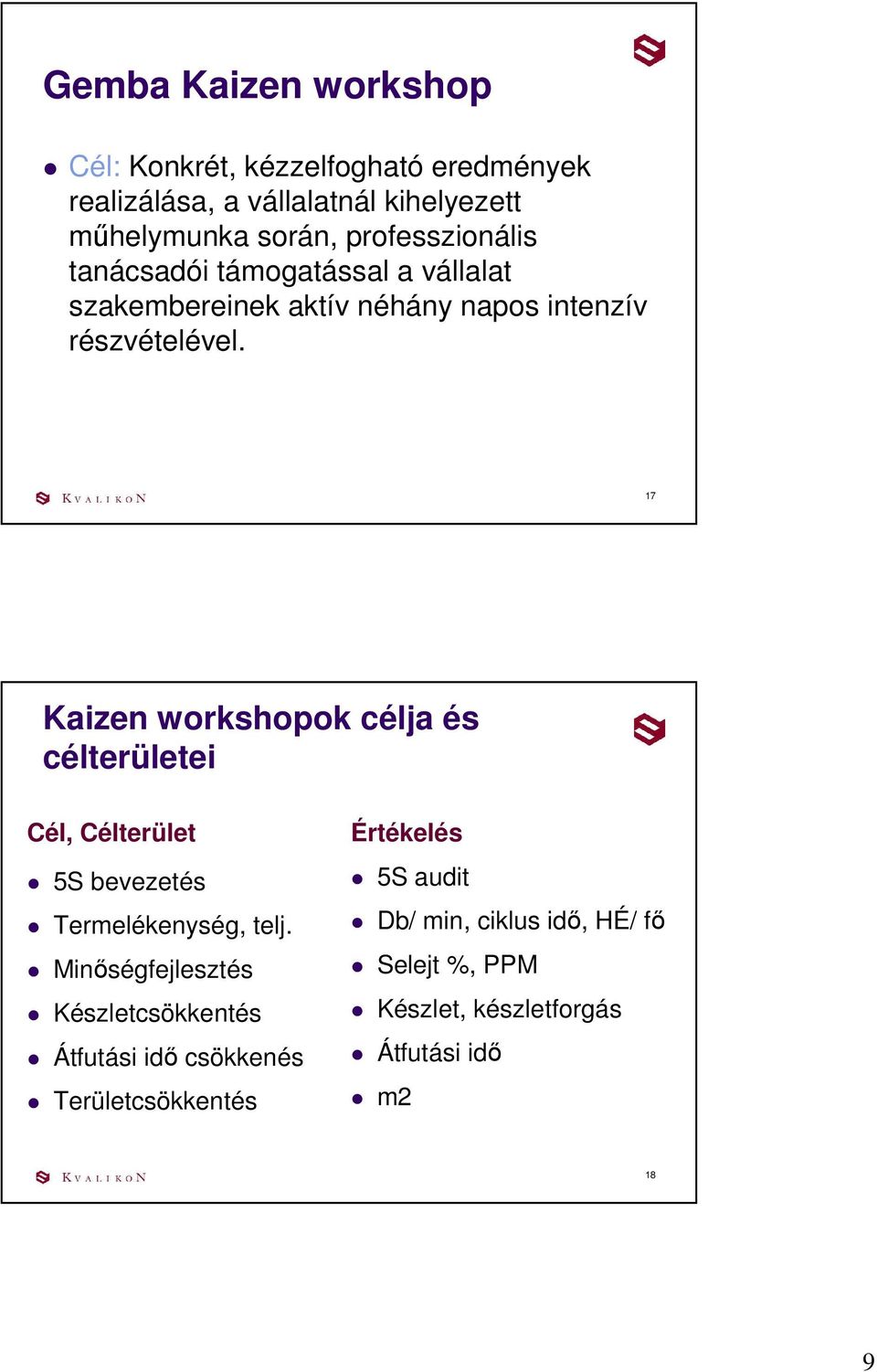 17 Kaizen workshopok célja és célterületei Cél, Célterület 5S bevezetés Termelékenység, telj.