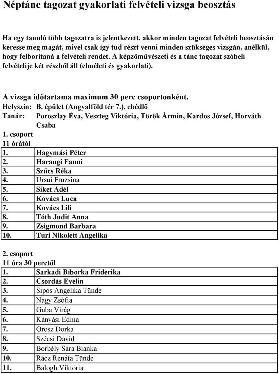 ), ebédlő Tanár: Poroszlay Éva, Veszteg Viktória, Török Ármin, Kardos József, Horváth Csaba 1. Hagymási Péter 2. Harangi Fanni 3. Szűcs Réka 4. Ursui Fruzsina 5. Siket Adél 6. Kovács Luca 7.