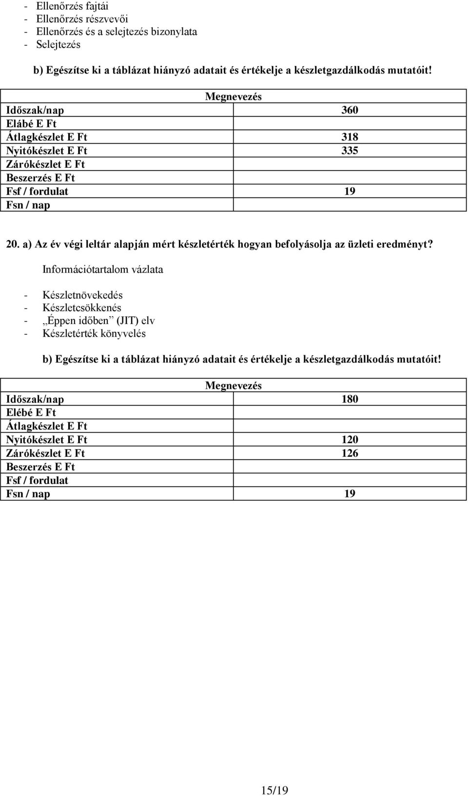 a) Az év végi leltár alapján mért készletérték hogyan befolyásolja az üzleti eredményt?