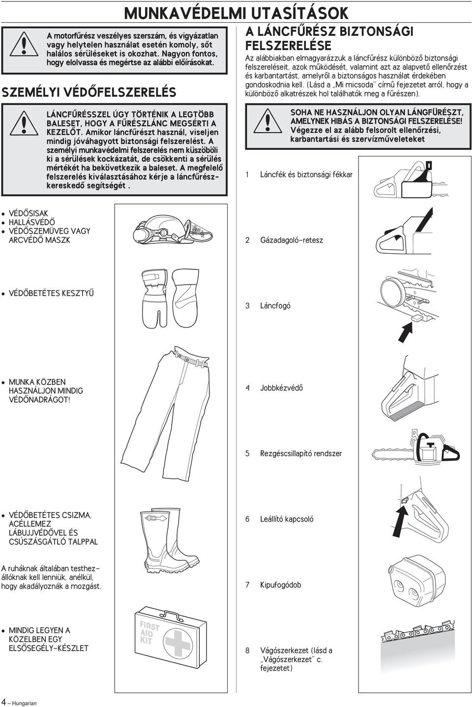 karbantartást, amelyrœl a biztonságos használat érdekében gondoskodnia kell. (Lásd a Mi micsoda címı fejezetet arról, hogy a különbözœ alkatrészek hol találhatók meg a fırészen).