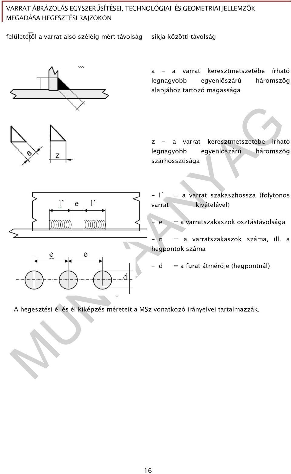 a varrat szakaszhossza (folytonos varrat kivételével) - e = a varratszakaszok osztástávolsága - n = a varratszakaszok száma, ill.