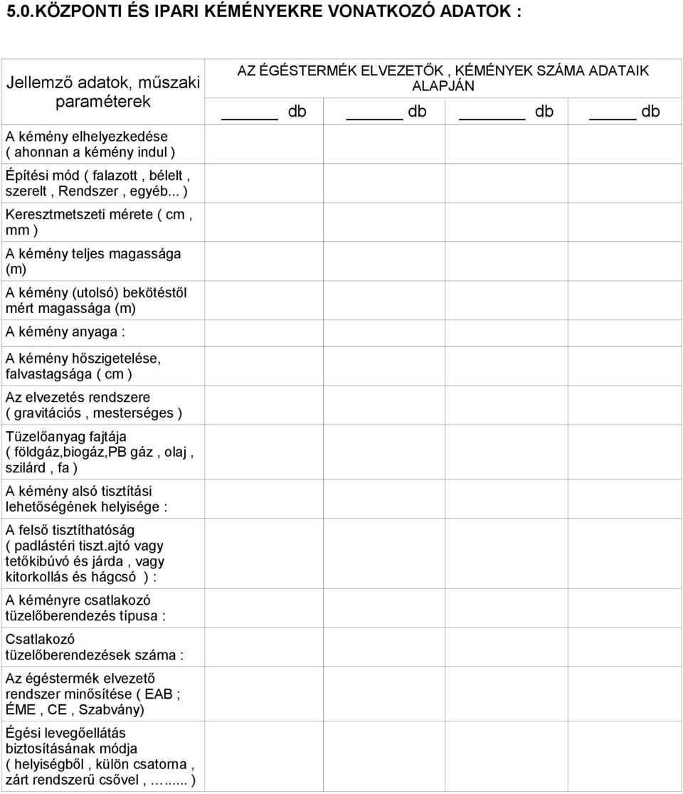 rendszere ( gravitációs, mesterséges ) Tüzelőanyag fajtája ( földgáz,biogáz,pb gáz, olaj, szilárd, fa ) A kémény alsó tisztítási lehetőségének helyisége : A felső tisztíthatóság ( padlástéri tiszt.