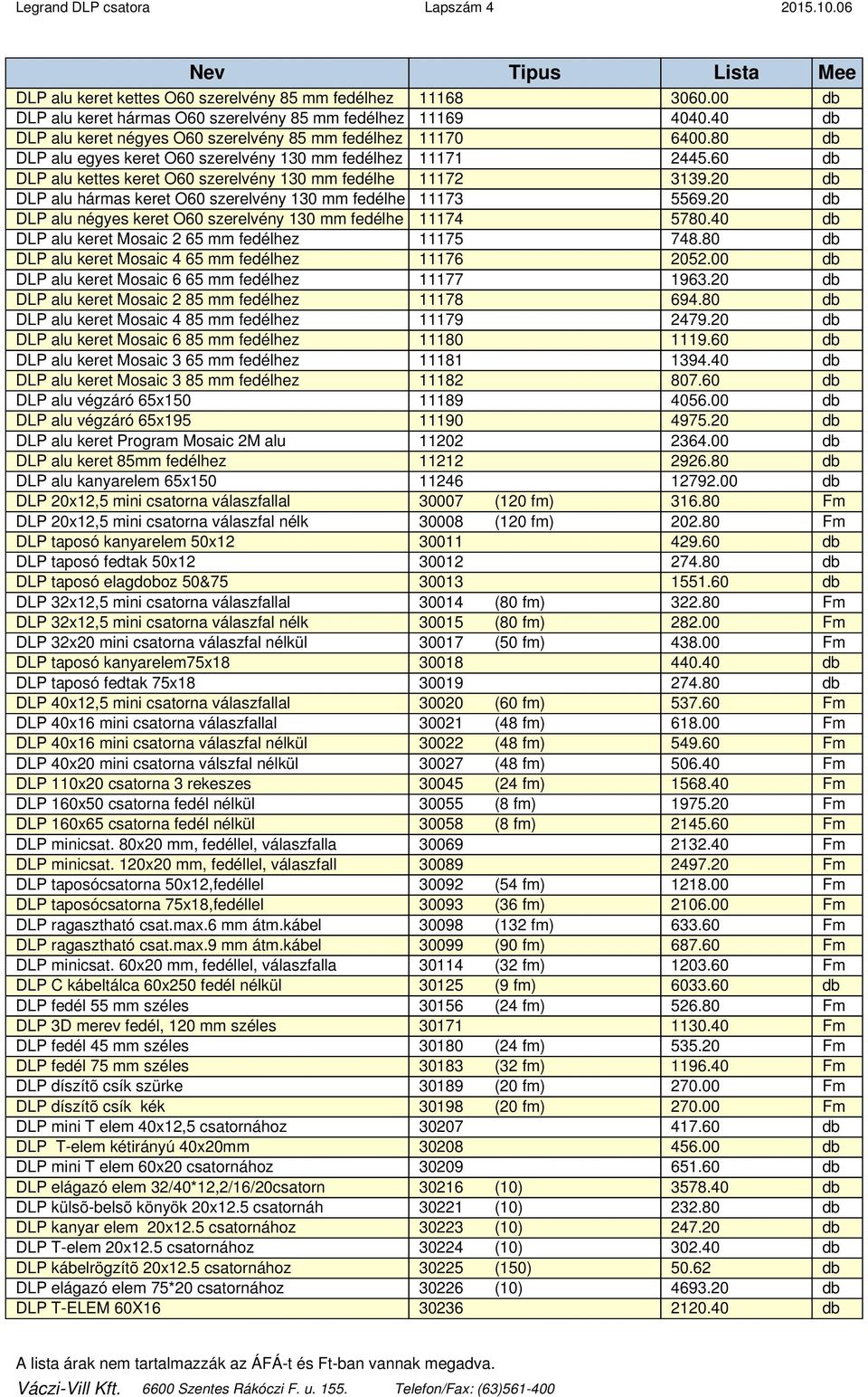 60 db DLP alu kettes keret O60 szerelvény 130 mm fedélhe 11172 3139.20 db DLP alu hármas keret O60 szerelvény 130 mm fedélhe 11173 5569.