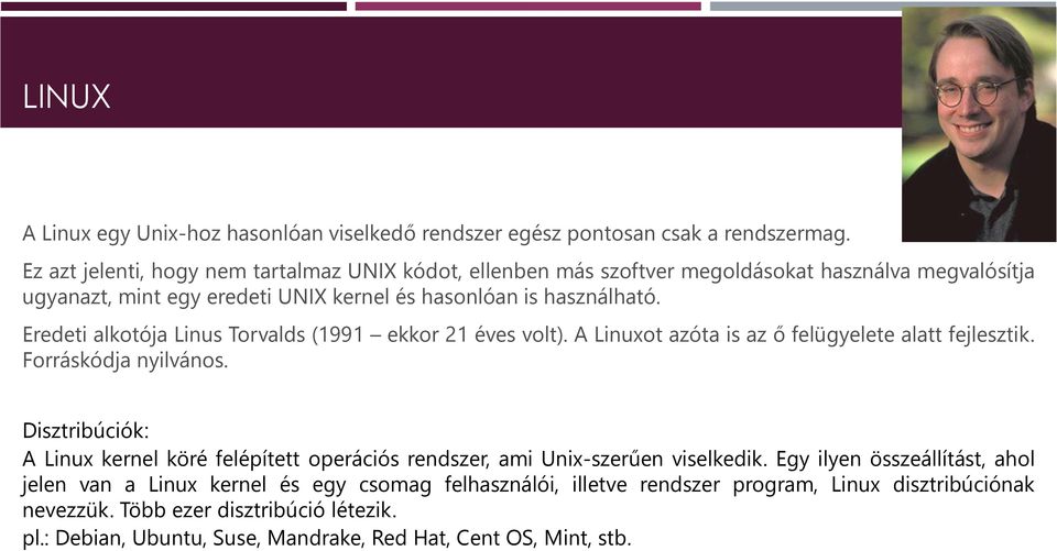 Eredeti alkotója Linus Torvalds (1991 ekkor 21 éves volt). A Linuxot azóta is az ő felügyelete alatt fejlesztik. Forráskódja nyilvános.