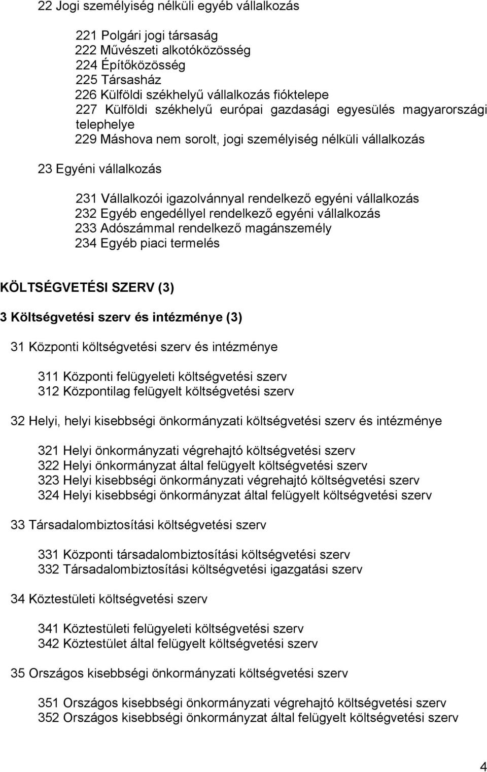 vállalkozás 232 Egyéb engedéllyel rendelkező egyéni vállalkozás 233 Adószámmal rendelkező magánszemély 234 Egyéb piaci termelés KÖLTSÉGVETÉSI SZERV (3) 3 Költségvetési szerv és intézménye (3) 31