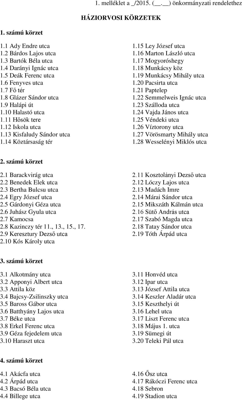 22 Semmelweis Ignác utca 1.9 Halápi út 1.23 Szálloda utca 1.10 Halastó utca 1.24 Vajda János utca 1.11 Hősök tere 1.25 Véndeki utca 1.12 Iskola utca 1.26 Víztorony utca 1.13 Kisfaludy Sándor utca 1.