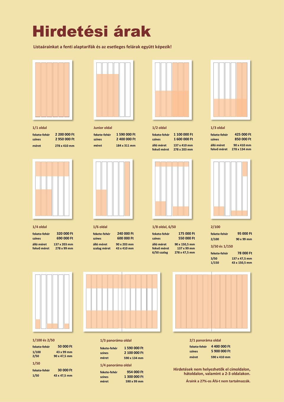 203 mm álló fekvő 90 x 410 mm 278 x 134 mm 1/4 oldal 1/6 oldal 1/8 oldal, 6/50 2/100 álló fekvő 320 000 Ft 690 000 Ft 137 x 203 mm 278 x 99 mm álló szalag 240 000 Ft 600 000 Ft 90 x 203 mm 43 x 410