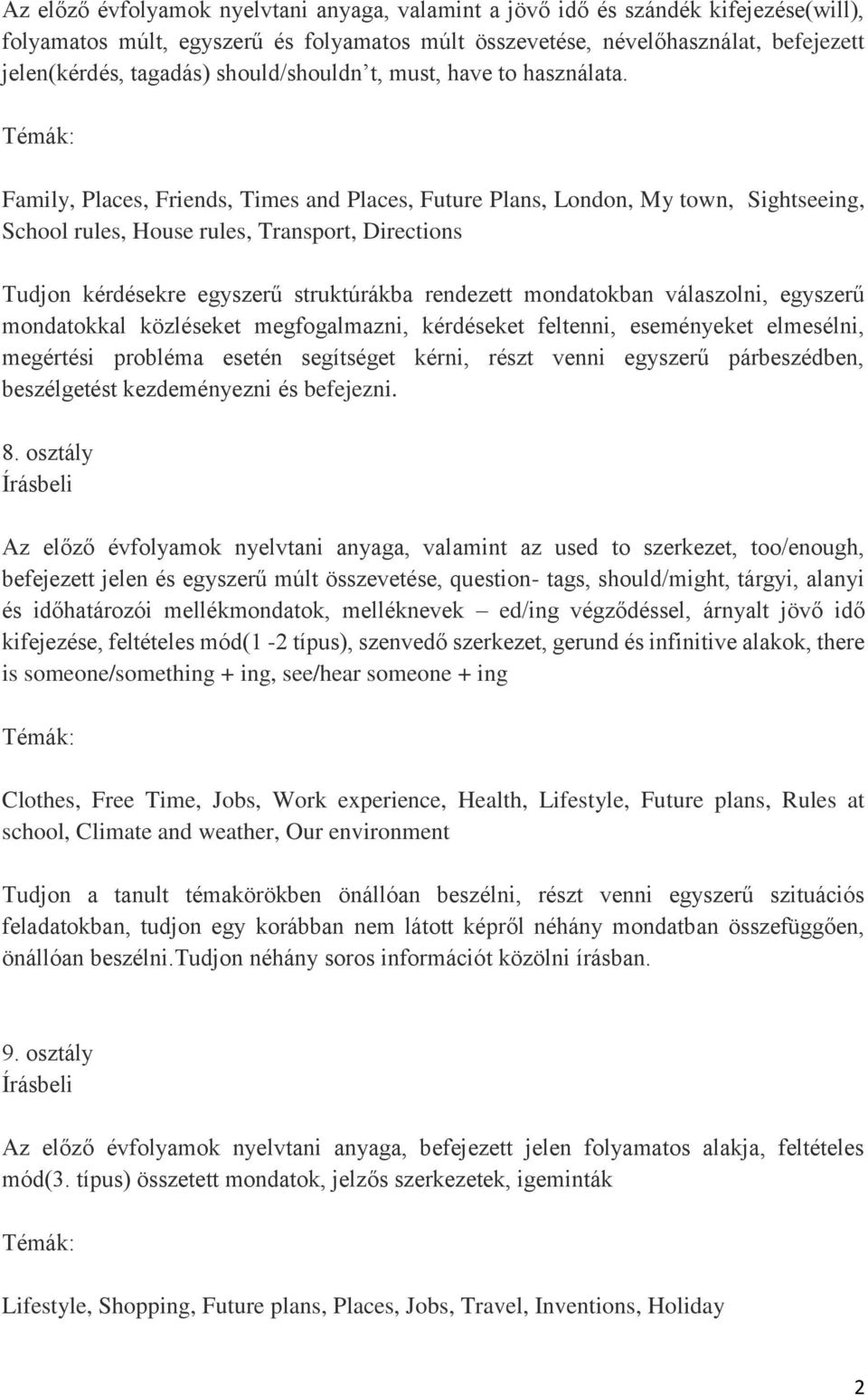 Family, Places, Friends, Times and Places, Future Plans, London, My town, Sightseeing, School rules, House rules, Transport, Directions Tudjon kérdésekre egyszerű struktúrákba rendezett mondatokban