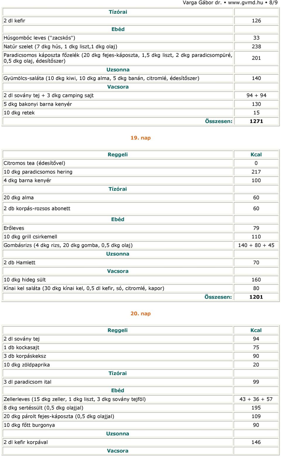 édesítőszer) Gyümölcs-saláta (10 dkg kiwi, 10 dkg alma, 5 dkg banán, citromlé, édesítőszer) 140 2 dl sovány tej + 3 dkg camping sajt 94 + 94 5 dkg bakonyi barna kenyér 130 10 dkg retek 15 201