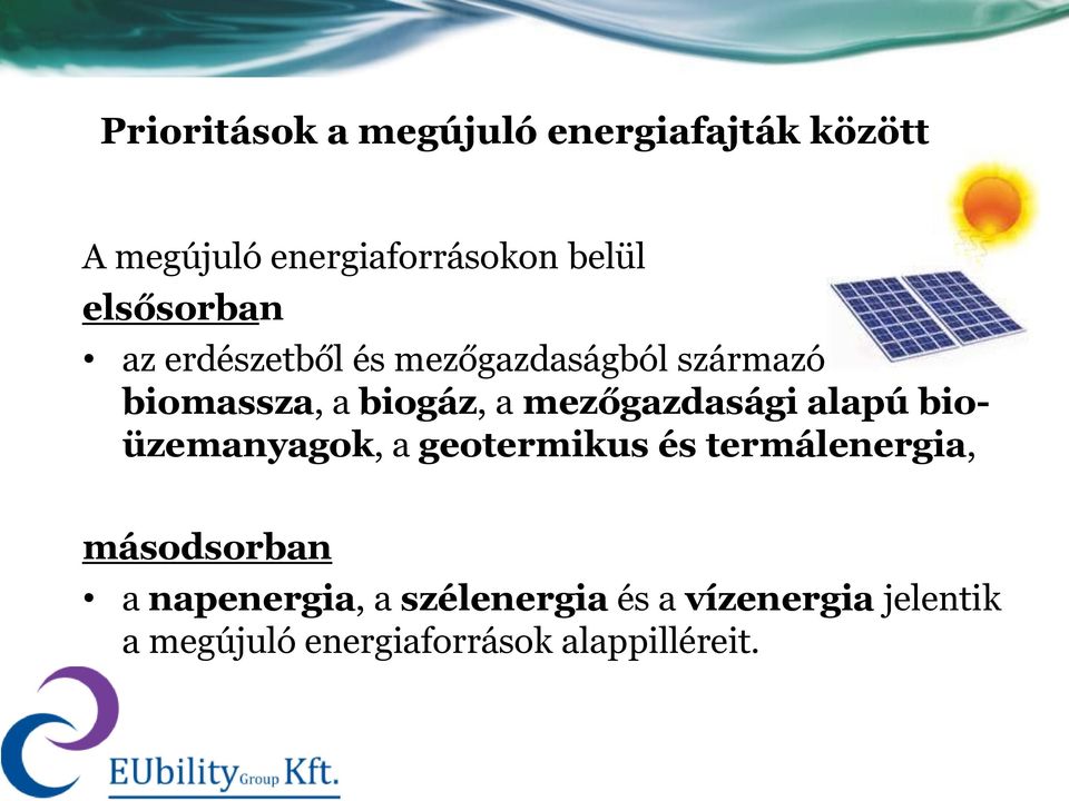 mezőgazdasági alapú bioüzemanyagok, a geotermikus és termálenergia, másodsorban a