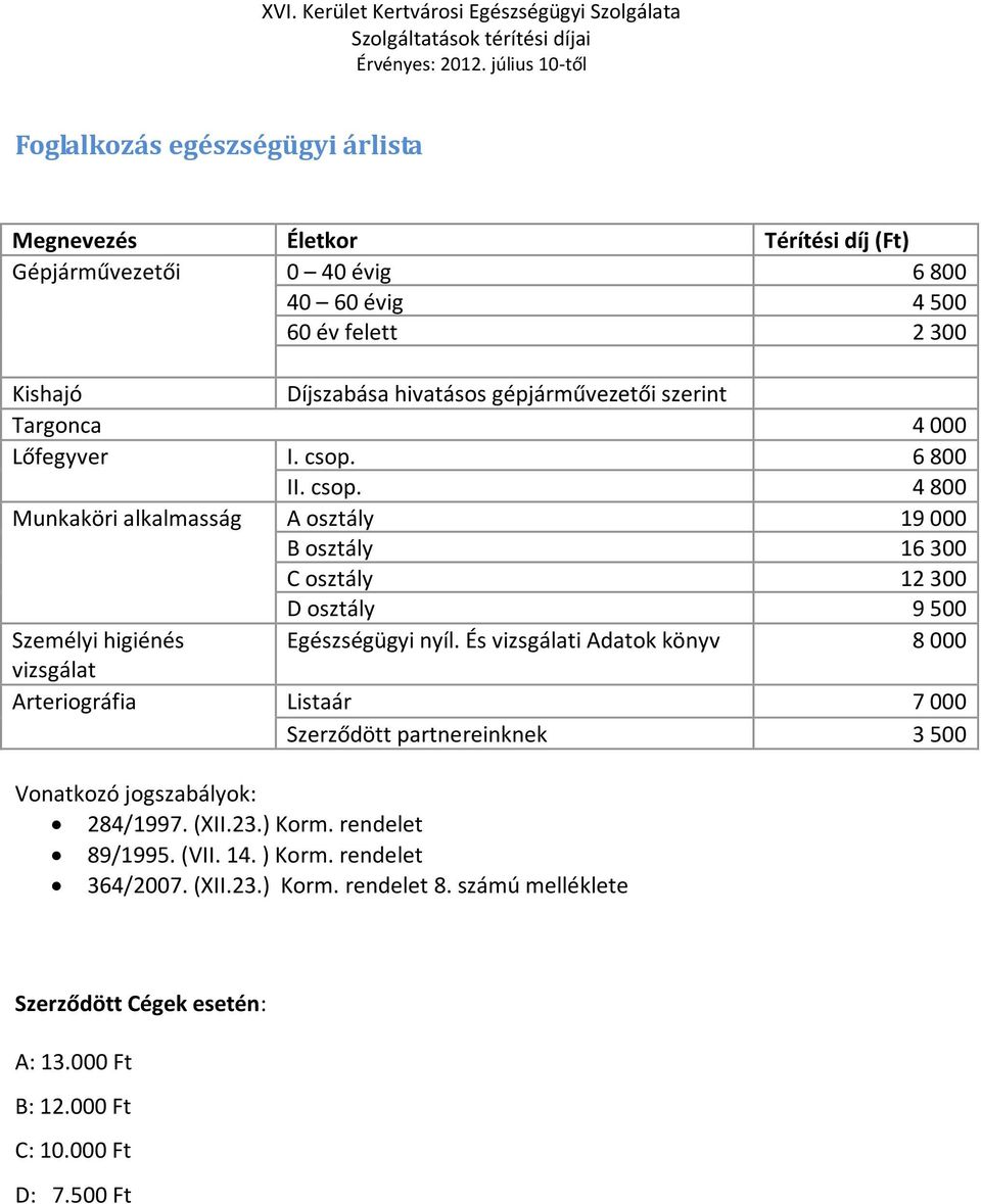 6 800 II. csop. 4 800 Munkaköri alkalmasság A osztály 19 000 B osztály 16 300 C osztály 12 300 D osztály 9 500 Személyi higiénés Egészségügyi nyíl.