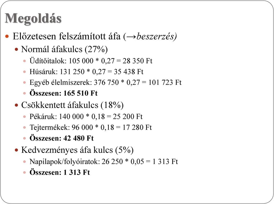 Csökkentett áfakulcs (18%) Pékáruk: 140 000 * 0,18 = 25 200 Ft Tejtermékek: 96 000 * 0,18 = 17 280 Ft