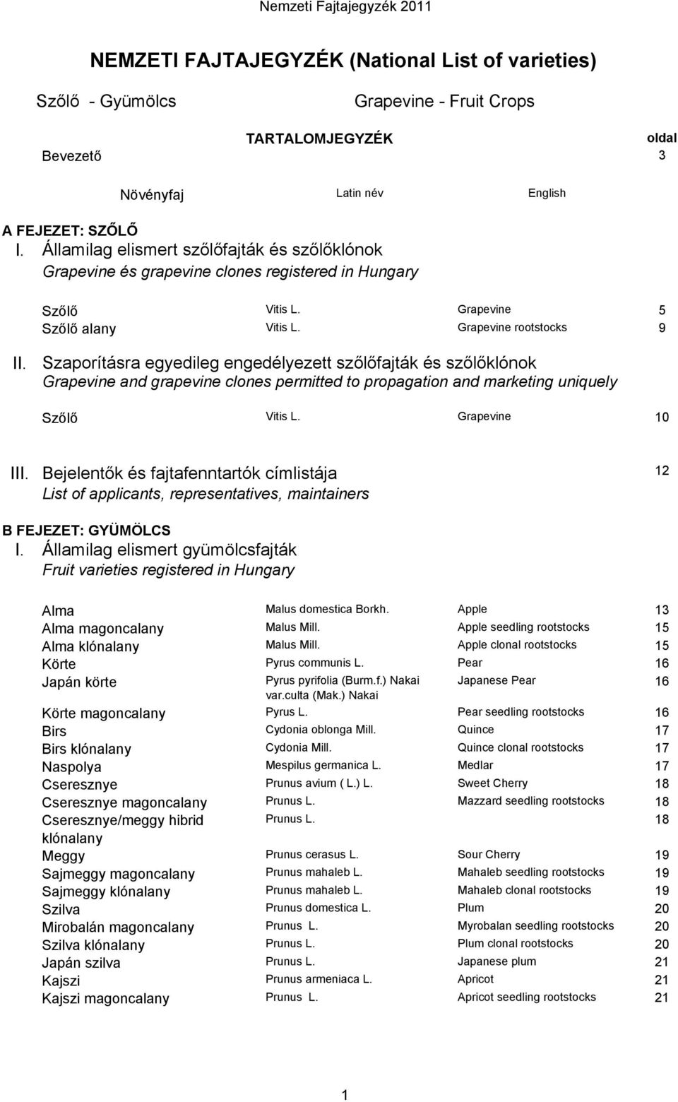 Szaporításra egyedileg engedélyezett szőlőfajták és szőlőklónok Grapevine and grapevine clones permitted to propagation and marketing uniquely Szőlő Vitis L. Grapevine 10 III.